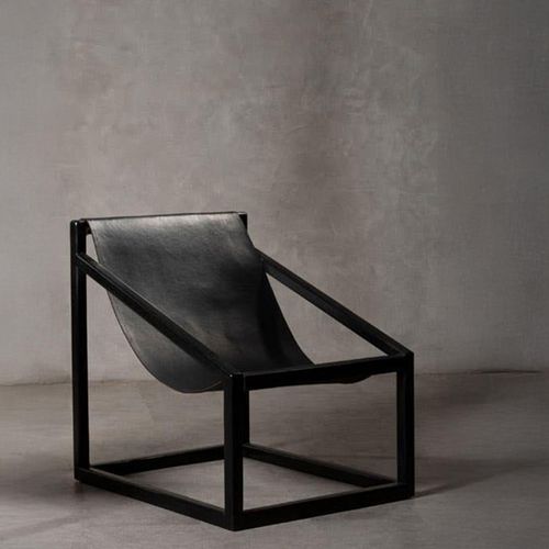 Kendari Black Leather and Teak Wood Cubic Frame Chair