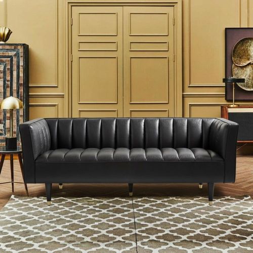 King Black Leather 3 Seater Sofa withFlared Arms