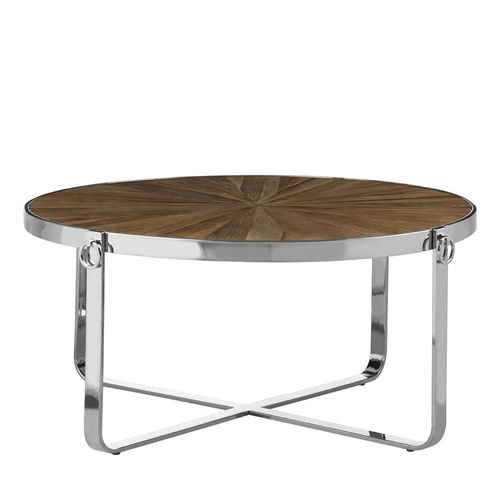 Mitra Elm Wood and Silver Metal Round Coffee Table