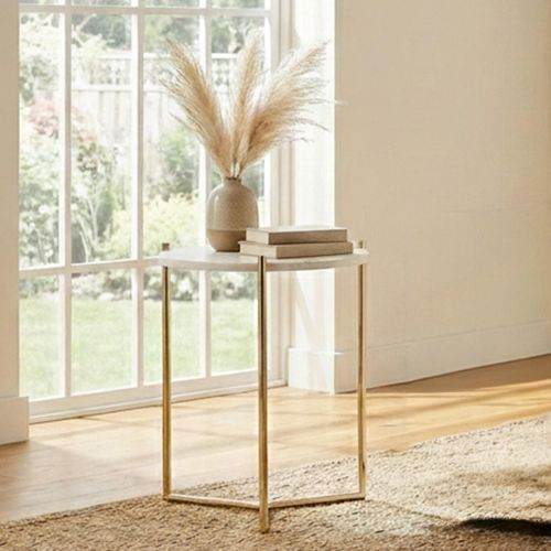 Macy White Marble Round Side Table with Gold Legs