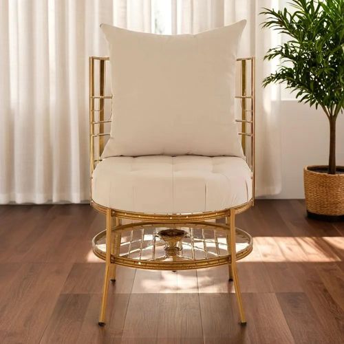 Mantis Beige Fabric and Gold Metal Cage Chair with Cusion