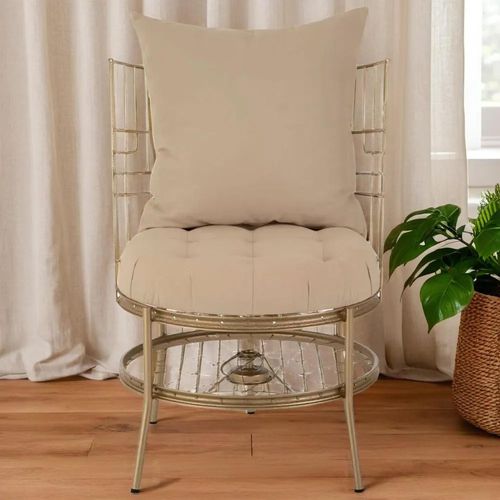 Mantis Champagne Fabric and Gold Metal Cage Chair with Cusion