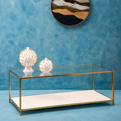 Novi Clear Glass and Gold Coffee Table with White Marble Shelf
