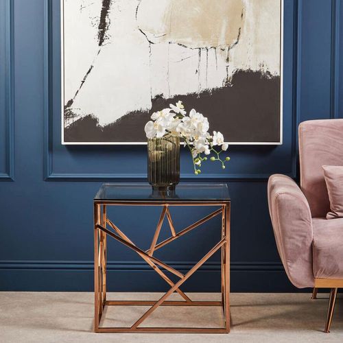 Allure Clear Glass Square End Table with Rose Gold Geometric Base
