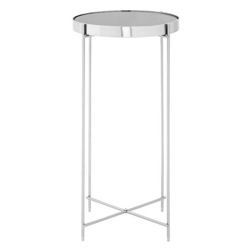 Allure Grey Mirrored Tall Round Side Table with Chrome Legs
