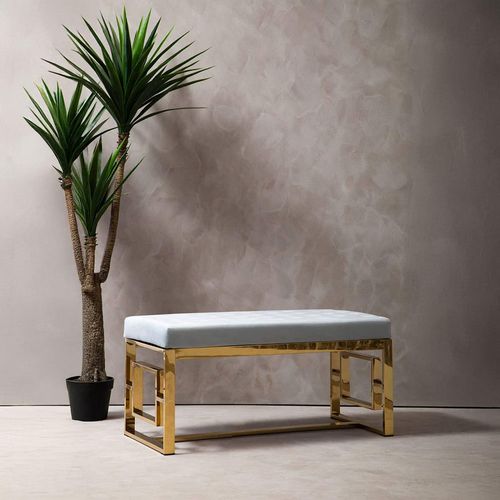 Allure Powder Grey Fabric Tufted Hall Bench with Gold Base