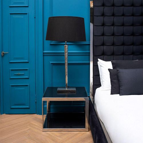 Ackley Black Glass and Silver Square Bedside Table 