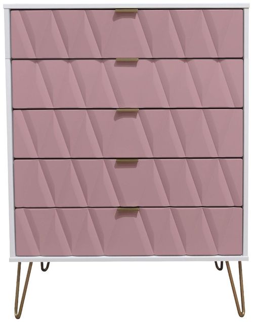 Diamond Pink and White 5 Drawer Chest with Gold Hairpin Legs