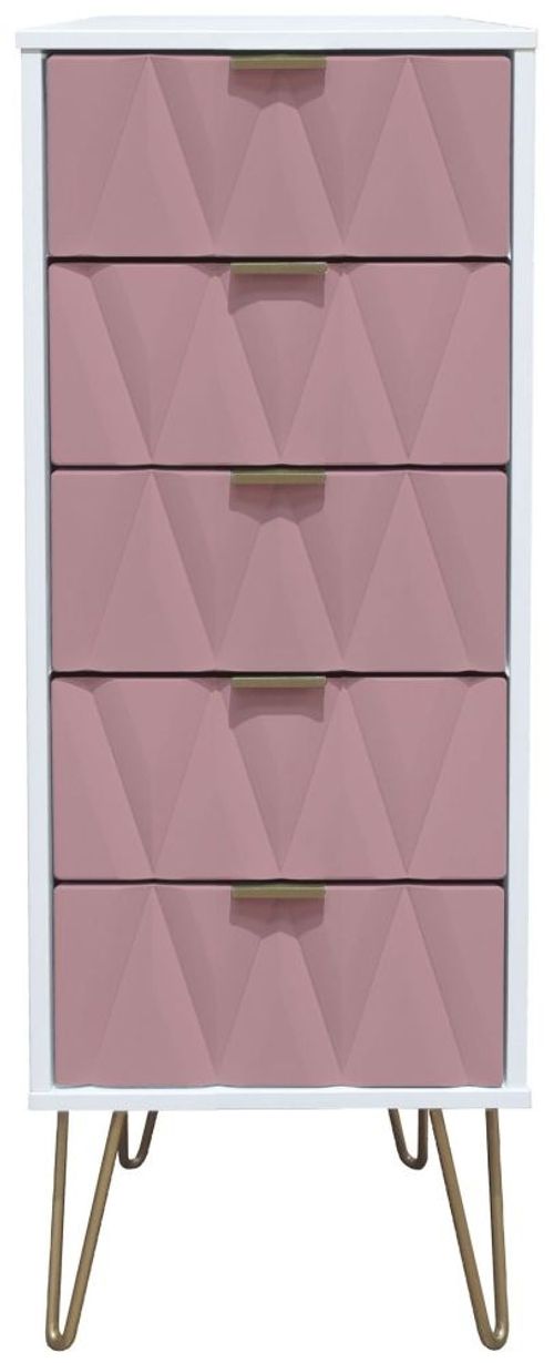 Diamond Pink and White 5 Drawer Narrow Chest with Gold Hairpin Legs