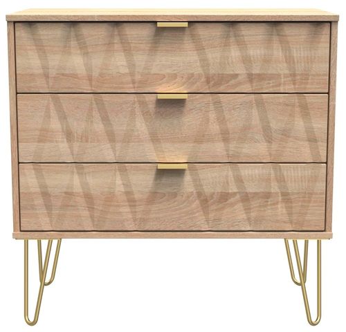 Diamond Oak Effect 3 Drawer Small Chest with Gold Hairpin Legs