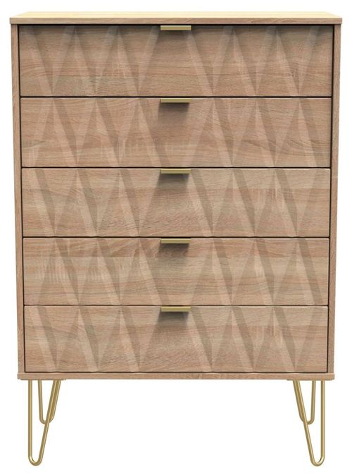 Diamond Oak Effect 5 Drawer Chest with Gold Hairpin Legs
