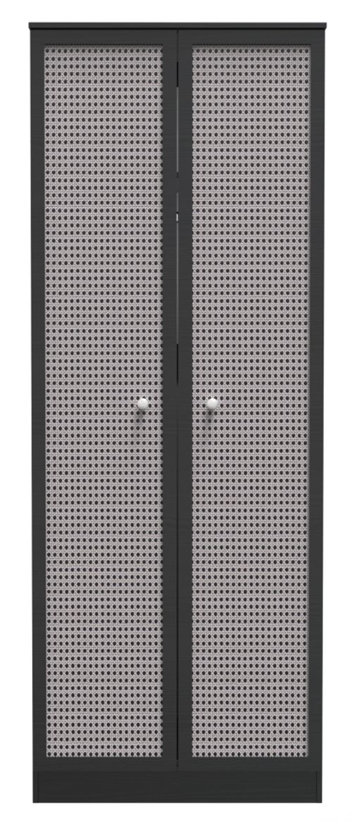 Rattan and Black Ash 2 Door Plain Tall Wardrobe