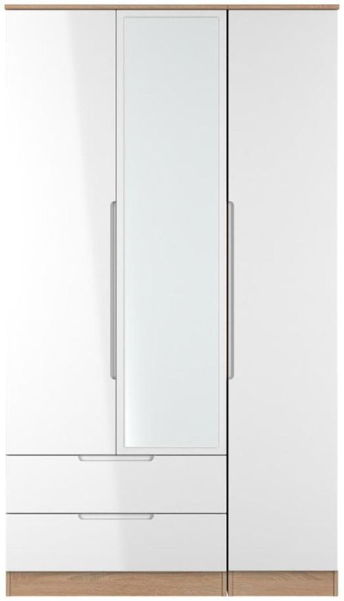 Milan White Gloss and Oak Effect 3 Door Tall Combi Wardrobe - 1 Mirror and LHF 2 Drawers