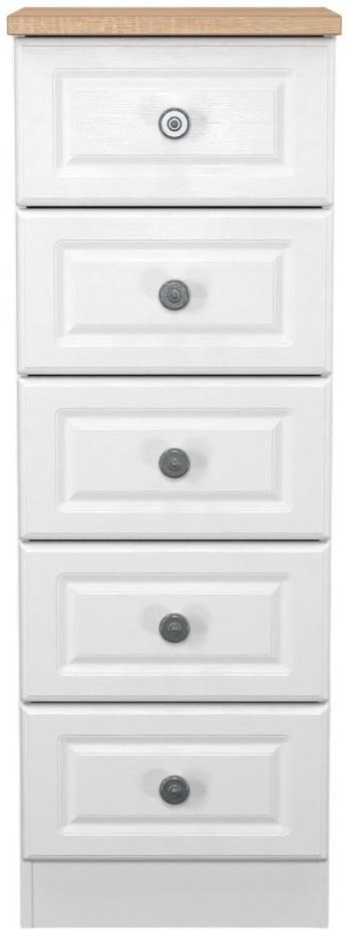 Norfolk White and Oak Effect 5 Drawer Narrow Chest