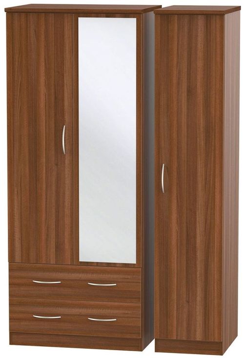 Avon Walnut Effect 3 Door Combi Wardrobe - 1 Mirror and LHF 2 Drawers