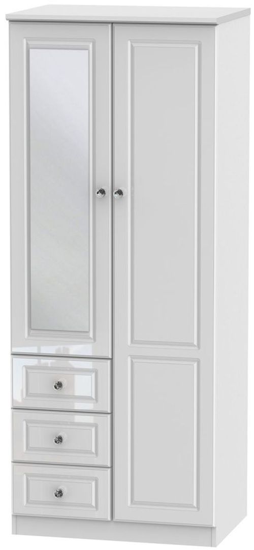 Balmoral White Gloss 2 Door Combi Wardrobe - 1 Mirror and RHF 3 Drawers