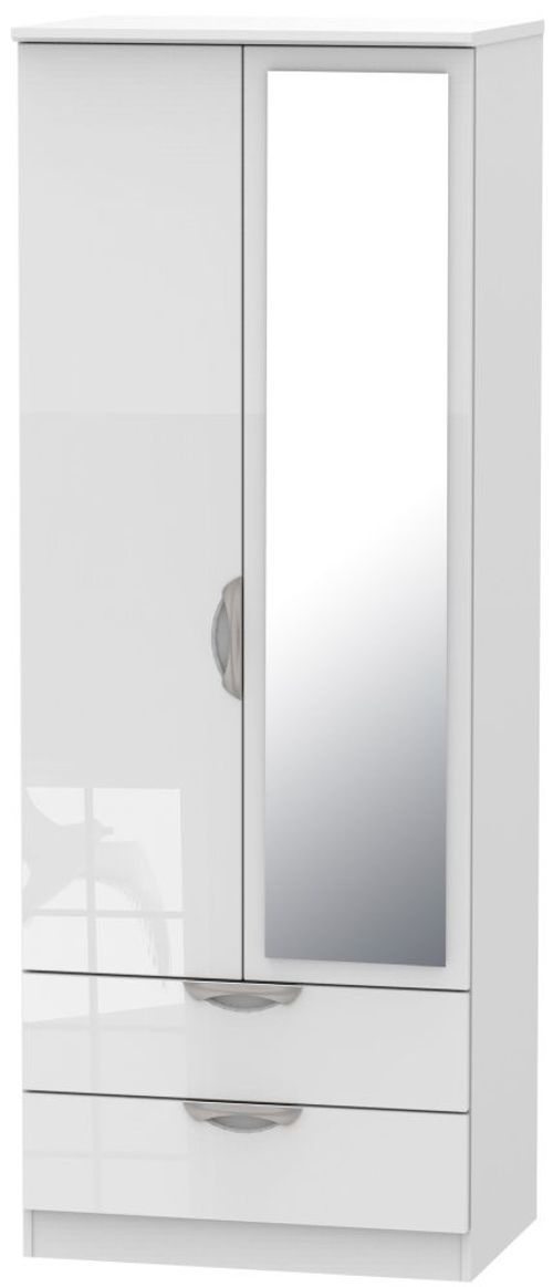 Camden White Gloss 2 Door Tall Combi Wardrobe - 1 Mirror