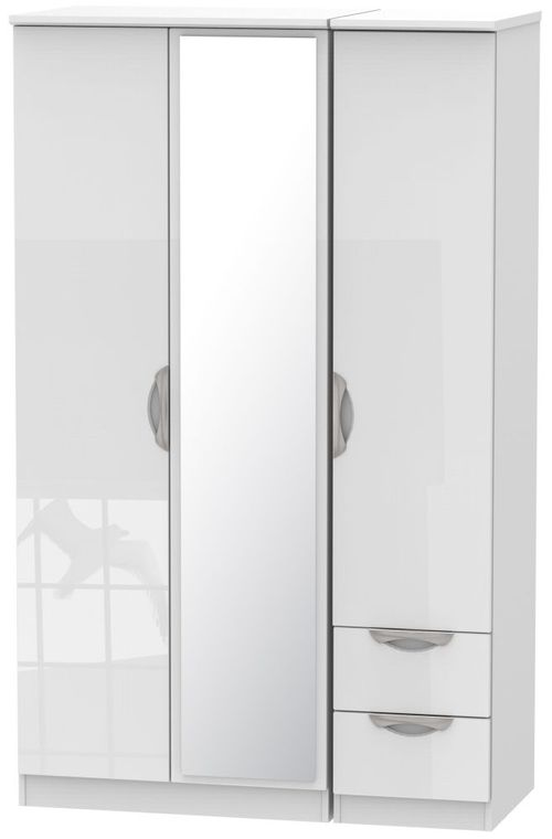 Camden Gloss 3 Door Combi Wardrobe - 1 Mirror and RHF 2 Drawers