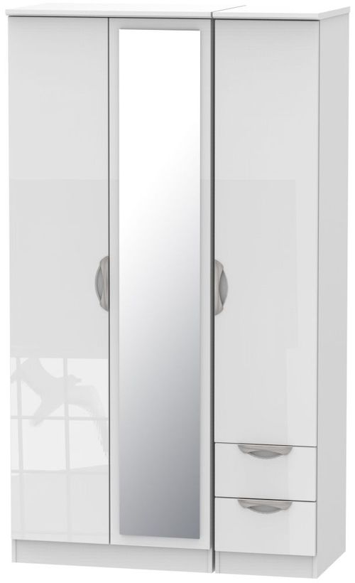 Camden White Gloss 3 Door Tall Combi Wardrobe - 1 Mirror and RHF 2 Drawers