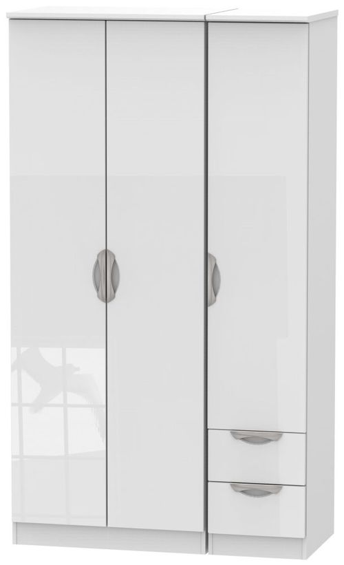 Camden White Gloss 3 Door Tall Triple Wardrobe - RHF 2 Drawers