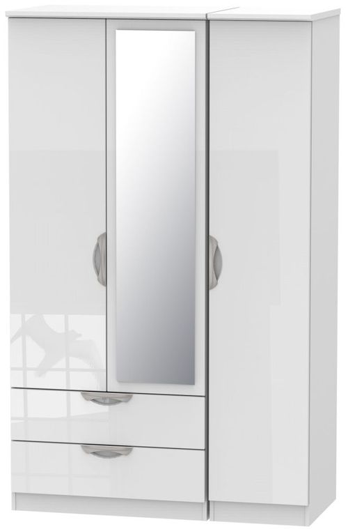 Camden White Gloss 3 Door Combi Wardrobe - 1 Mirror and LHF 2 Drawers