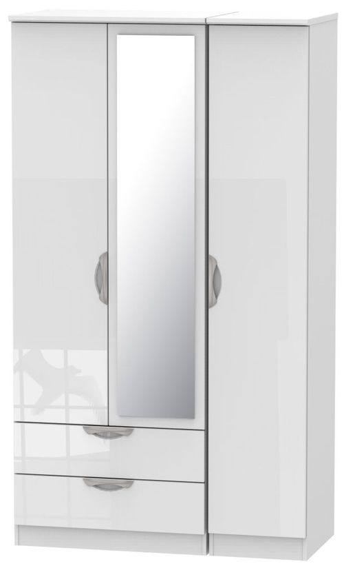 Camden White Gloss 3 Door Tall Combi Wardrobe - 1 Mirror and LHF 2 Drawers
