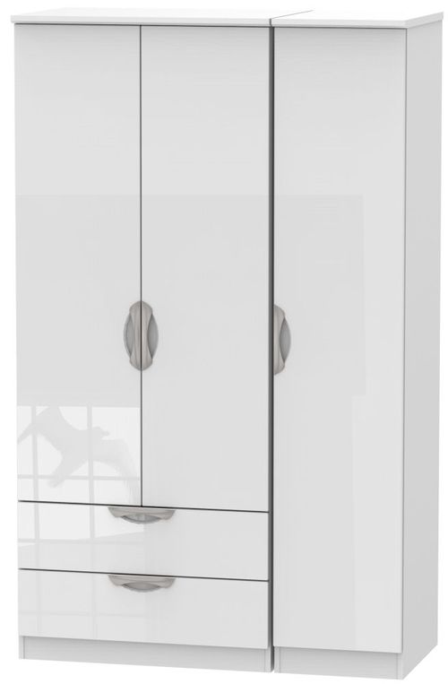 Camden White Gloss 3 Door Triple Wardrobe - LHF 2 Drawers