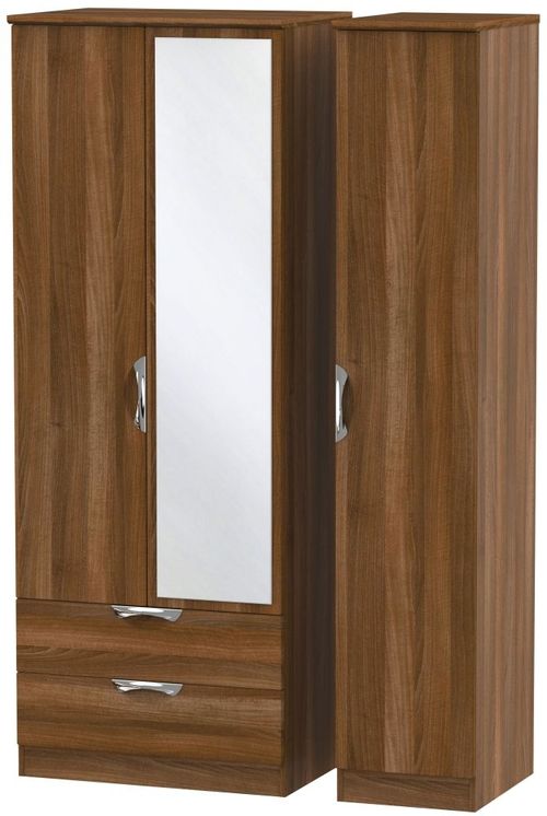 Camden Walnut Effect 3 Door Tall Combi Wardrobe - 1 Mirror and LHF 2 Drawers