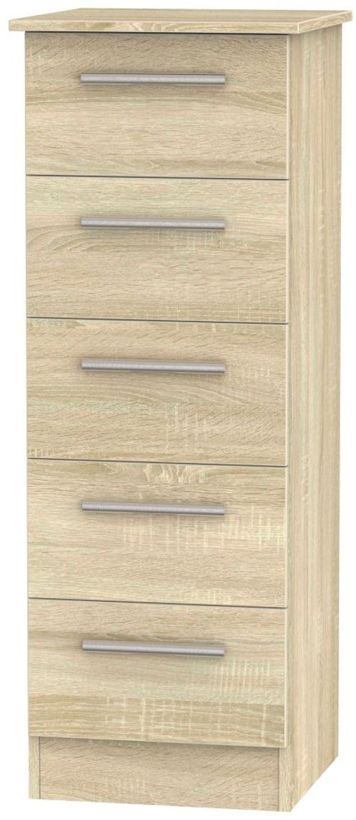 Contrast Oak Effect 5 Drawer Narrow Chest