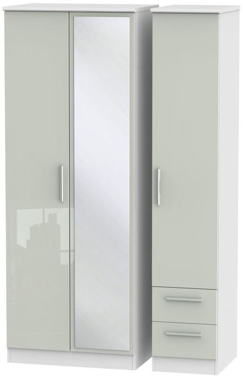 Knightsbridge Cashmere Gloss and White 3 Door Tall Combi Wardrobe - 1 Mirror and RHF 2 Drawers