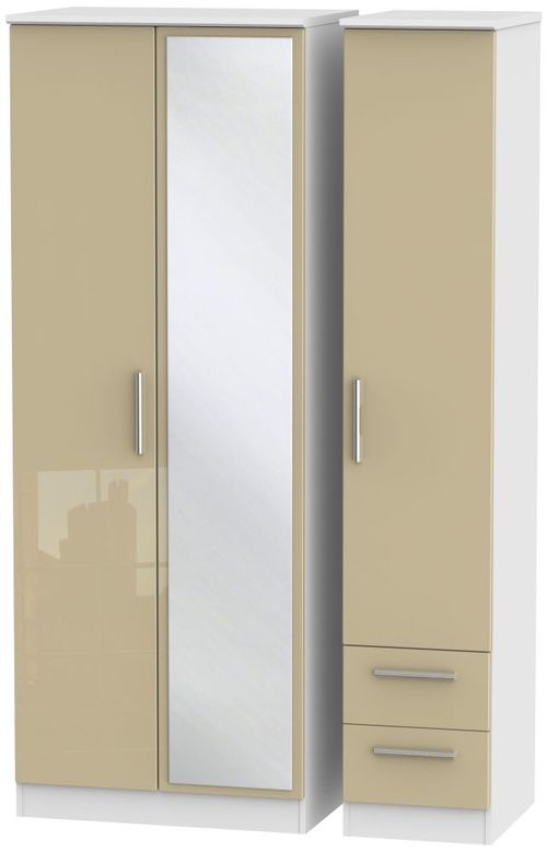 Knightsbridge Mushroom and White 3 Door Tall Combi Wardrobe - 1 Mirror and RHF 2 Drawers
