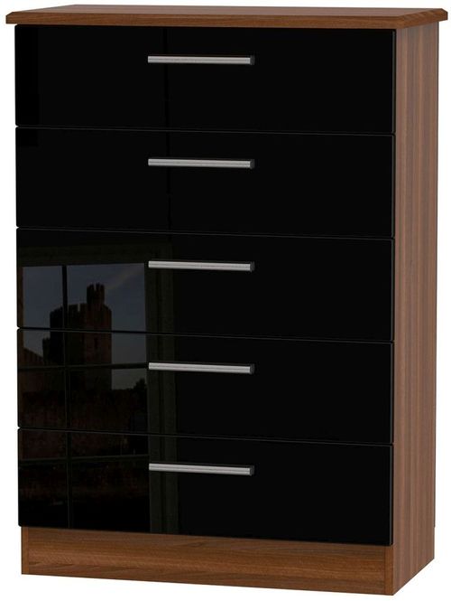 Knightsbridge Black Gloss and Walnut Effect 5 Drawer Chest