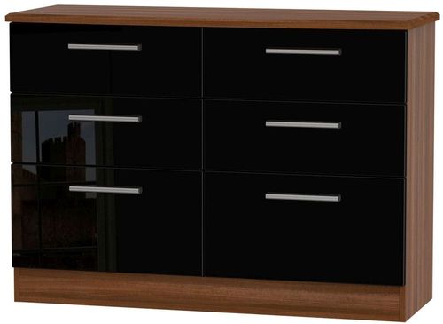 Knightsbridge Black Gloss and Walnut Effect 6 Drawer Midi Chest