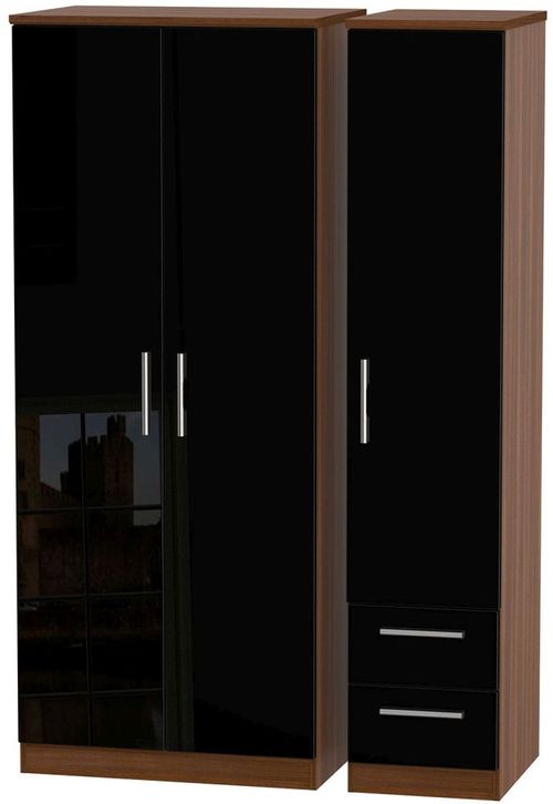 Knightsbridge Black Gloss and Walnut Effect 3 Door Triple Wardrobe - RHF 2 Drawers