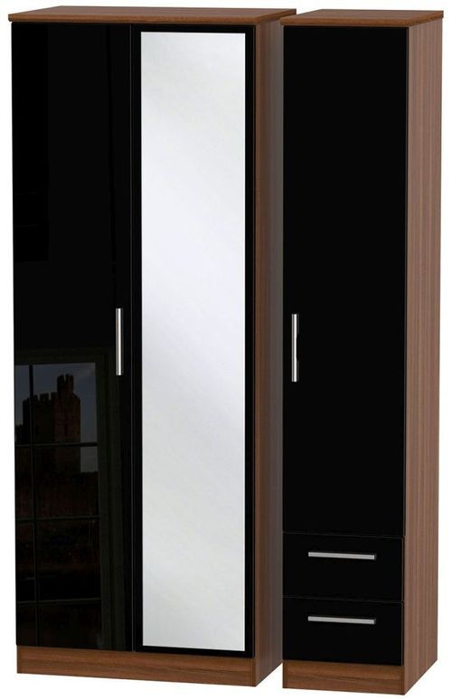 Knightsbridge Black Gloss and Walnut Effect 3 Door Tall Combi Wardrobe - 1 Mirror and RHF 2 Drawers
