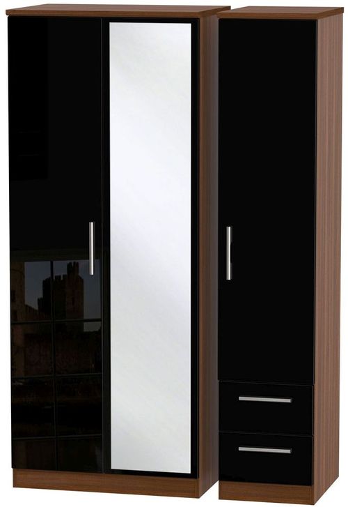 Knightsbridge Black Gloss and Walnut Effect 3 Door Combi Wardrobe - 1 Mirror and RHF 2 Drawers