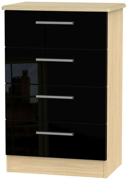 Knightsbridge Black Gloss and Light Oak 4 Drawer Midi Chest