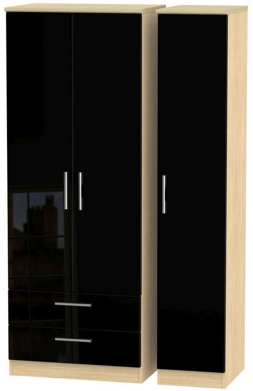 Knightsbridge Black Gloss and Light Oak 3 Door Tall Triple Wardrobe - LHF 2 Drawers