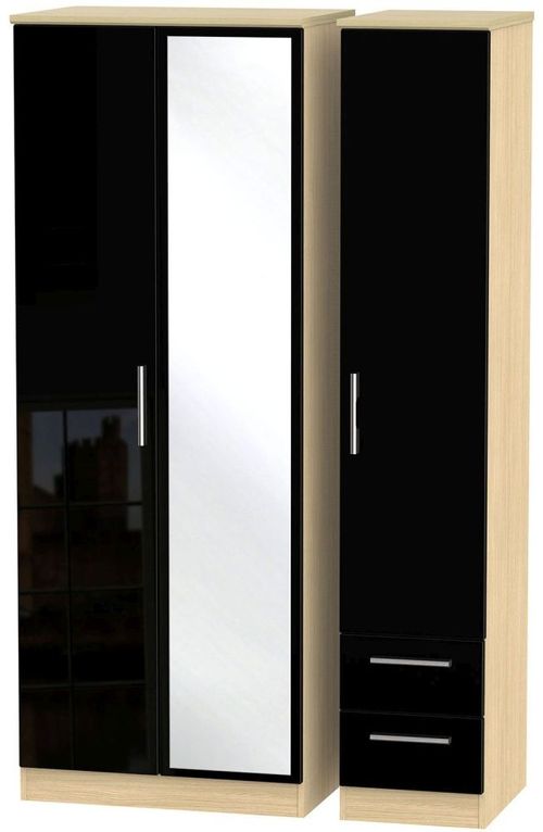 Knightsbridge Black Gloss and Light Oak 3 Door Tall Combi Wardrobe - 1 Mirror and RHF 2 Drawers