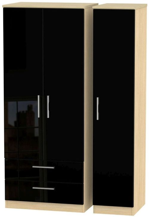 Knightsbridge Black Gloss and Light Oak 3 Door Triple Wardrobe - LHF 2 Drawers