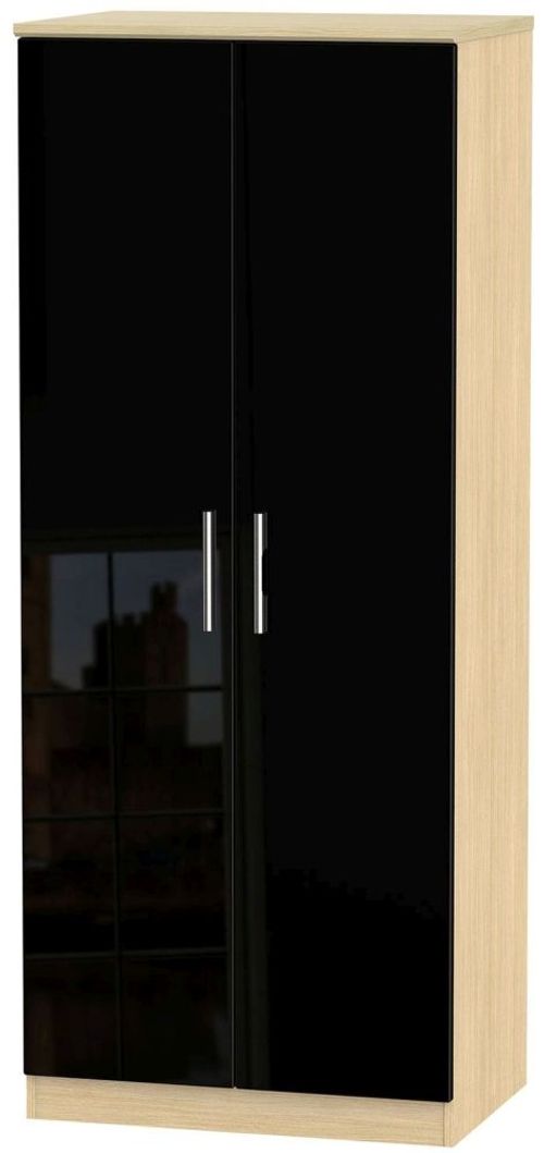 Knightsbridge Black Gloss and Light Oak 2 Door Plain Wardrobe