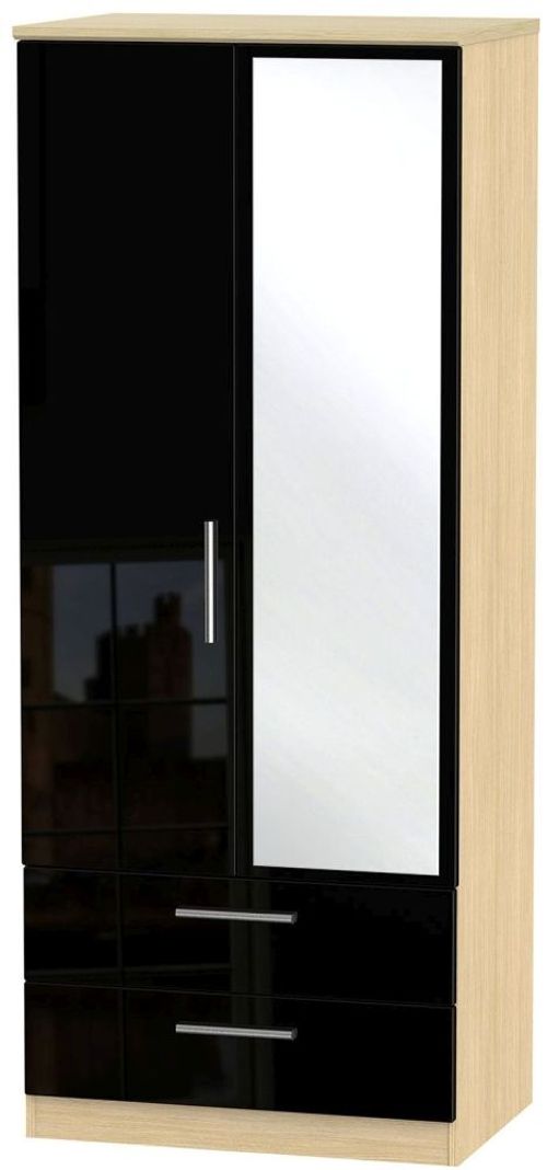 Knightsbridge Black Gloss and Light Oak 2 Door Combi Wardrobe - 1 Mirror