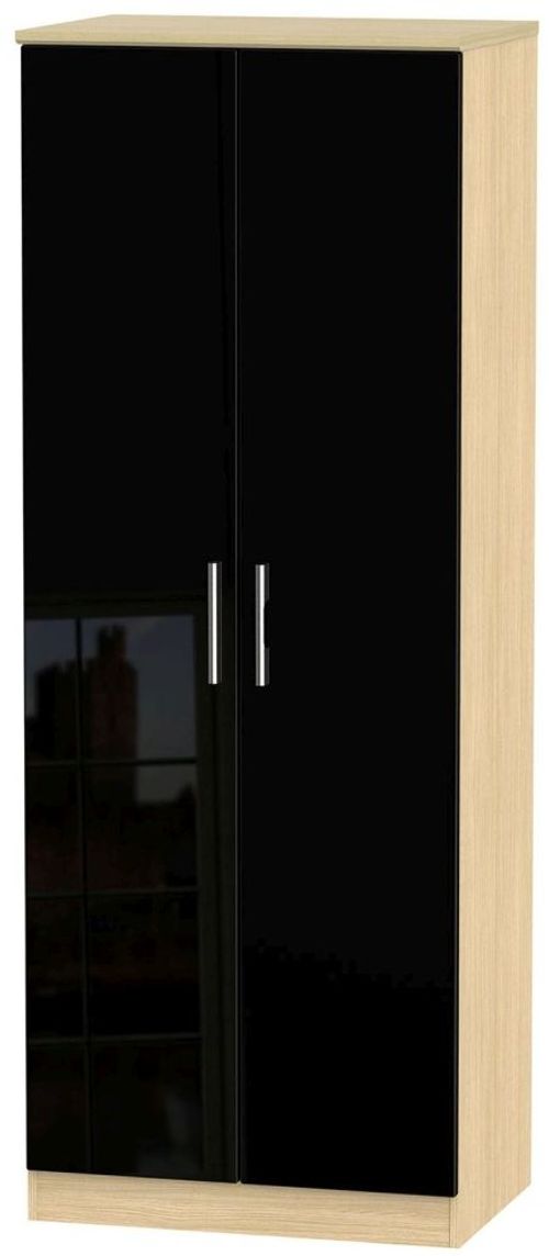 Knightsbridge Black Gloss and Light Oak 2 Door Plain Tall Wardrobe