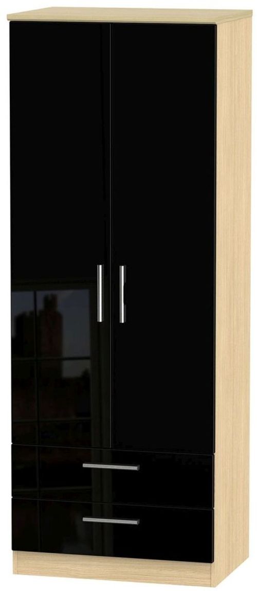 Knightsbridge Black Gloss and Light Oak 2 Door 2 Drawer Tall Wardrobe