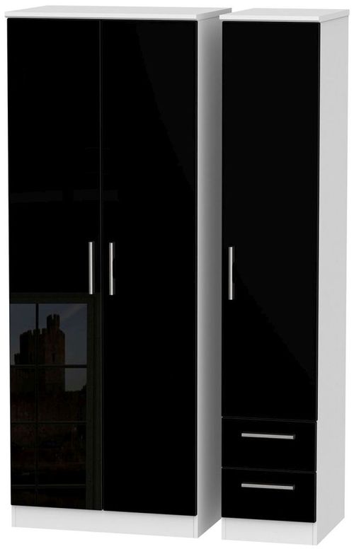 Knightsbridge Black Gloss and White 3 Door Tall Triple Wardrobe - RHF 2 Drawers