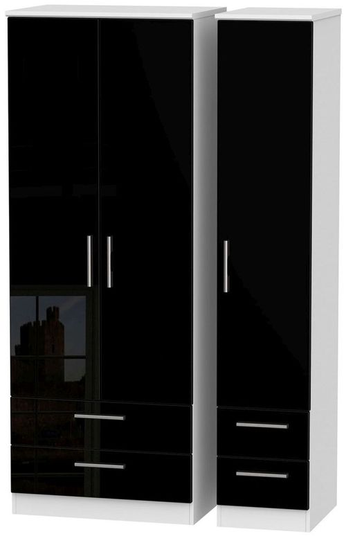 Knightsbridge Black Gloss and White 3 Door Tall Triple Wardrobe - 4 Drawers