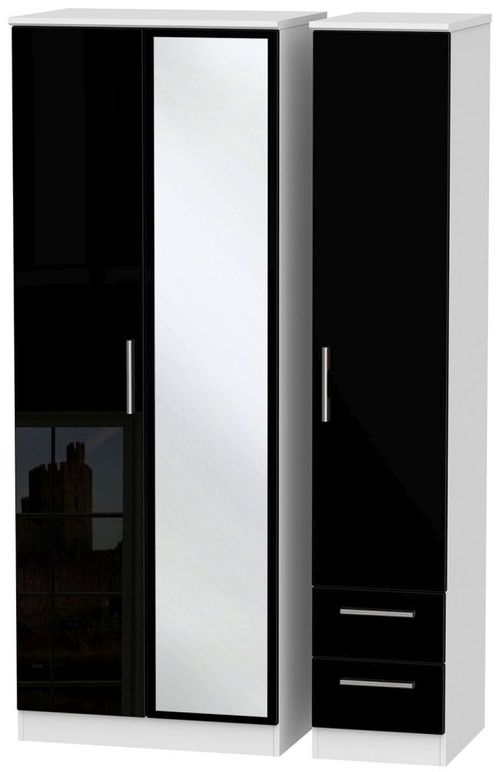 Knightsbridge Black Gloss and White 3 Door Tall Combi Wardrobe - 1 Mirror and RHF 2 Drawers