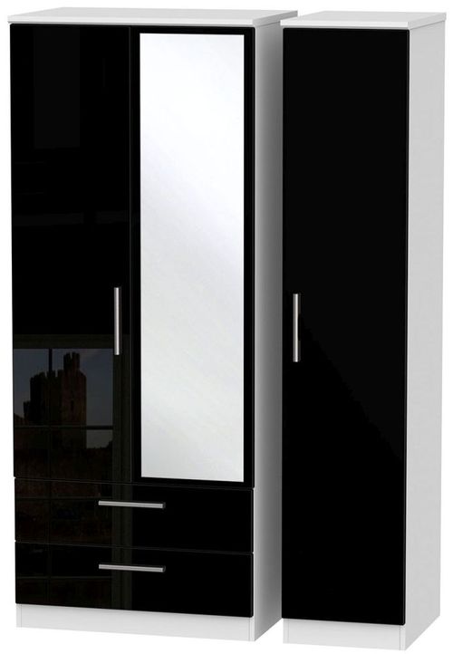 Knightsbridge Black Gloss and White 3 Door Combi Wardrobe - 1 Mirror and LHF 2 Drawers