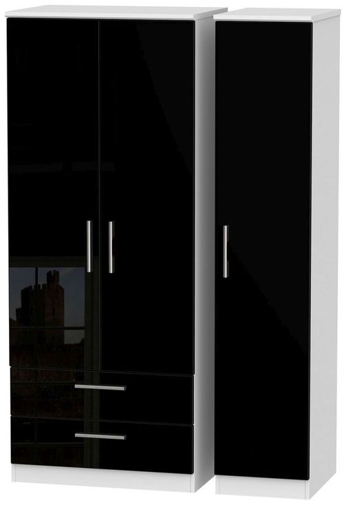 Knightsbridge Black Gloss and White 3 Door Triple Wardrobe - LHF 2 Drawers