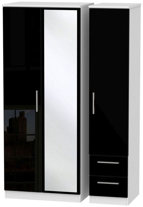 Knightsbridge Black Gloss and White 3 Door Combi Wardrobe - 1 Mirror and RHF 2 Drawers